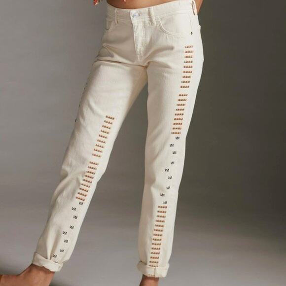 Pilcro Embroidered Jeans Anthropologie Boyfriend Mid Rise Cream - Picture 2 of 14